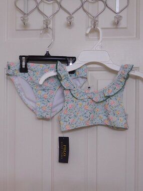 NWT 2pc Polo Ralph Lauren Green Pink Yellow Floral Ruffle Trim Swimsuit sz 8